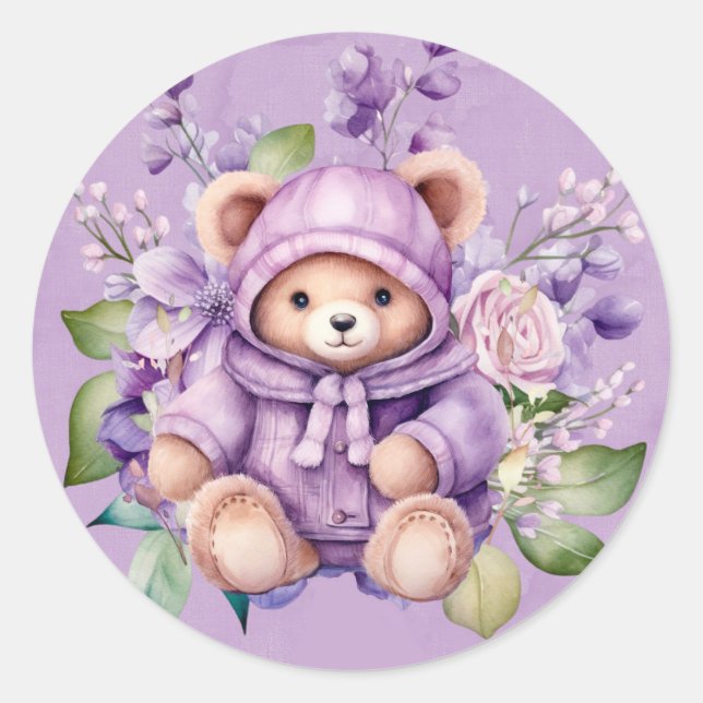 Violet Cute Teddy Bear Floral Girl Baby Shower Classic Round Sticker (Front)