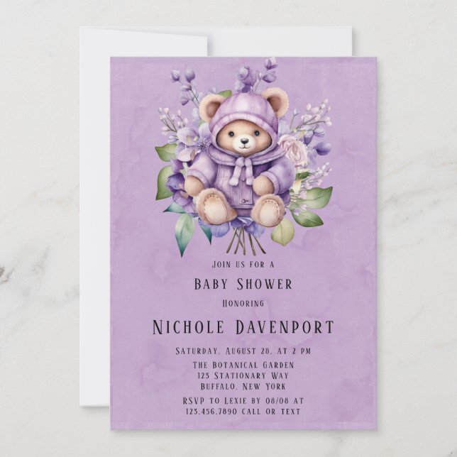 Violet Cute Teddy Bear Floral Girl Baby Shower Invitation (Front)