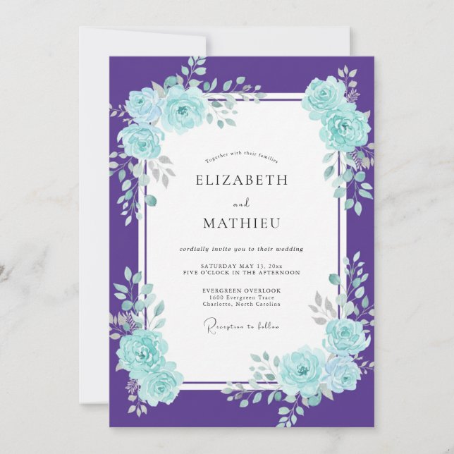 Violet Cyan Petal Wedding Invitation (Front)