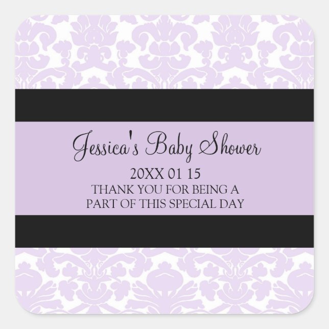 Violet Damask Baby Shower Favour Stickers (Front)