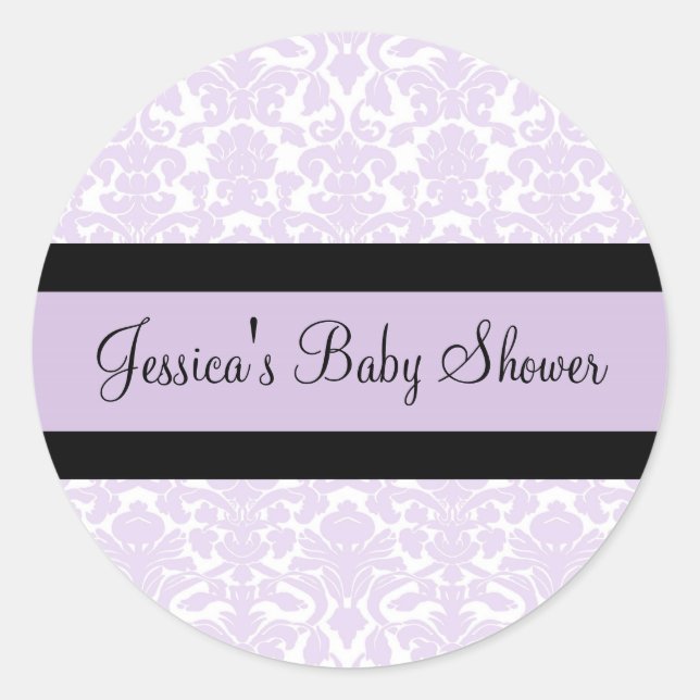 Violet Damask Baby Shower Favour Stickers (Front)