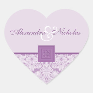 Violet Damask & Quatrefoil Cross Wedding Stickers