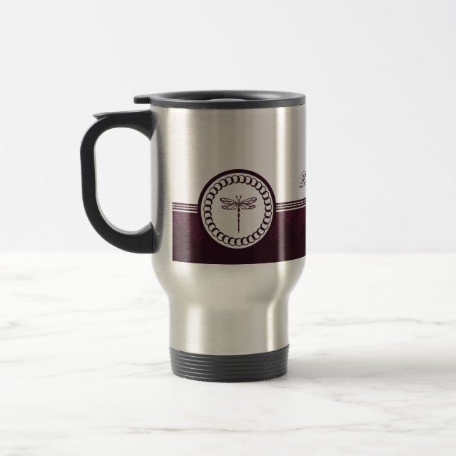 Violet Dragonfly Emblem Travel Mug (Left)