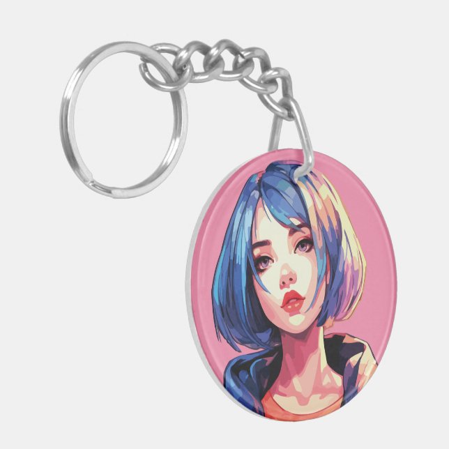 Violet Dream: Anime Girl in Stylish Attire Key Ring (Front Left)