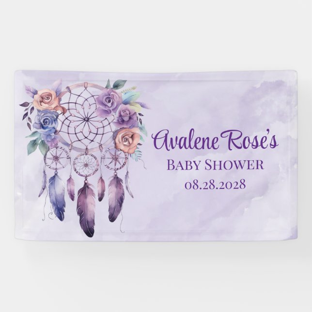 Violet Dreamcatcher and Flowers Girl Baby Shower  Banner (Horizontal)