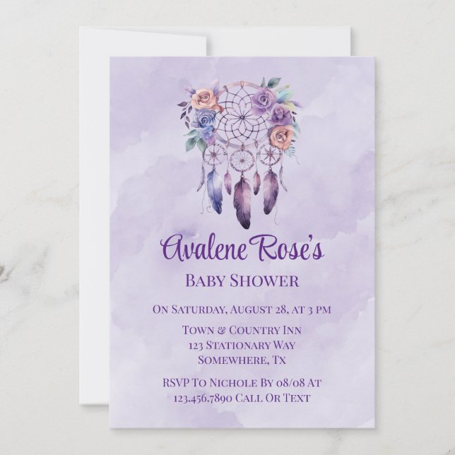 Violet Dreamcatcher and Flowers Girl Baby Shower  Invitation (Front)