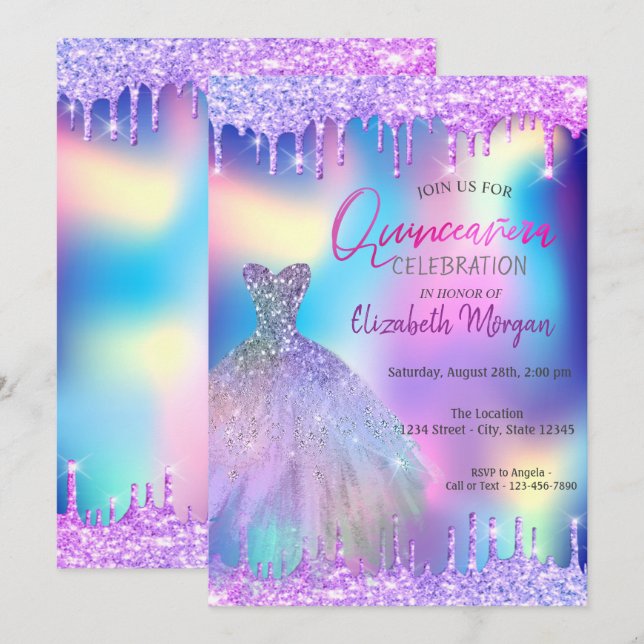 Violet Drops Dress Holographic Quinceañera Invitation (Front/Back)