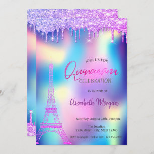 Violet Drops Eiffel Tower Holographic Quinceanera Invitation