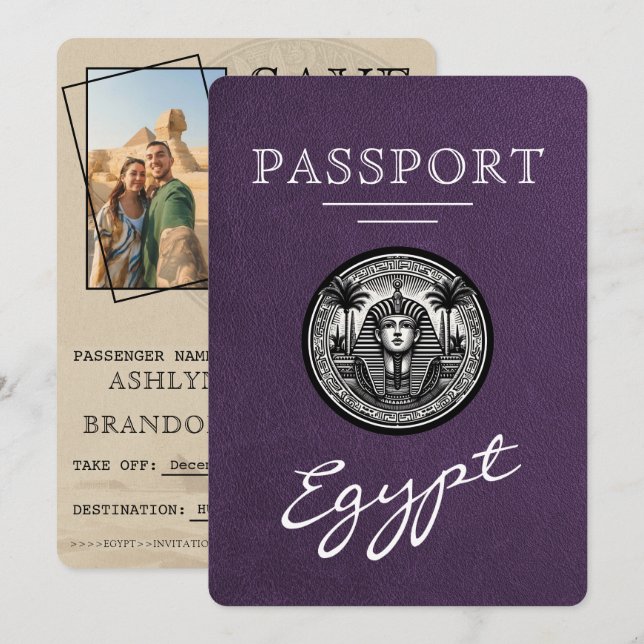 Violet Egypt Passport Wedding Save the Date (Front/Back)