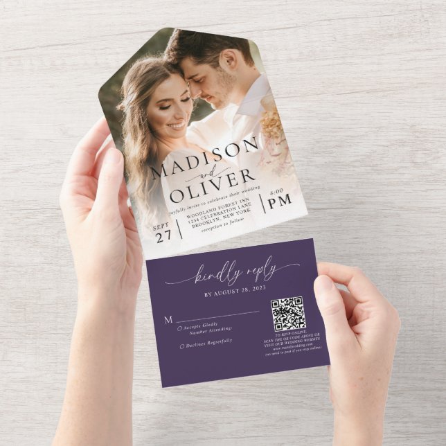 Violet Elegant Classic QR Code Photo Wedding All In One Invitation (Tearaway)