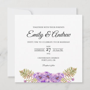 Violet Fern Arch Floral Watercolor Square Wedding Invitation