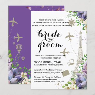 Violet Floral and Travel Themed Wedding Invitation