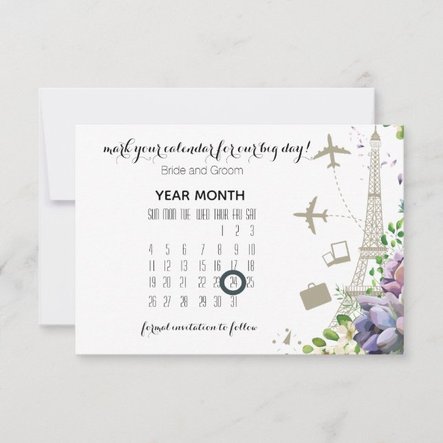 Violet Floral and Travel Themed Wedding Save The Date (Front)