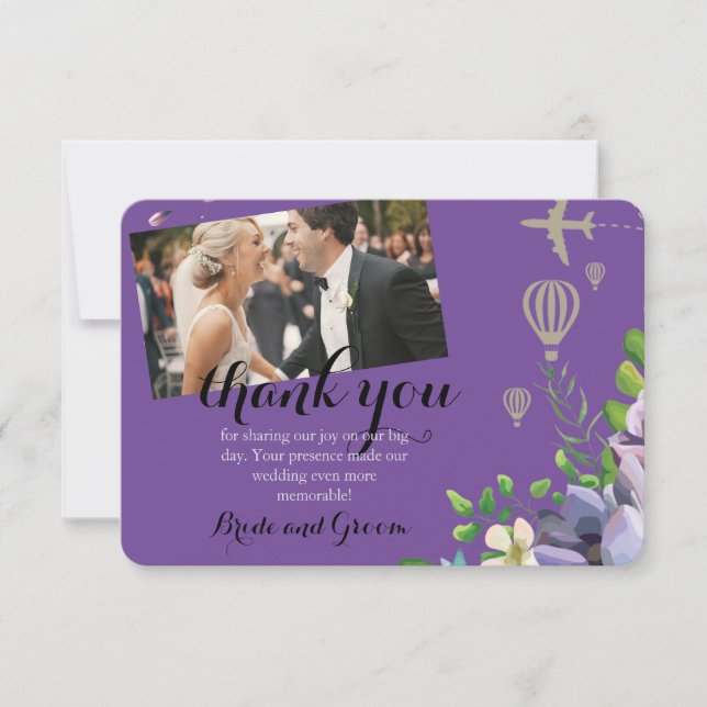 Violet Floral and Travel Themed Wedding Thank You Card (Front)