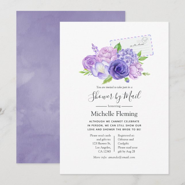 Violet Floral Bridal or Baby Shower by Mail Invitation (Front/Back)