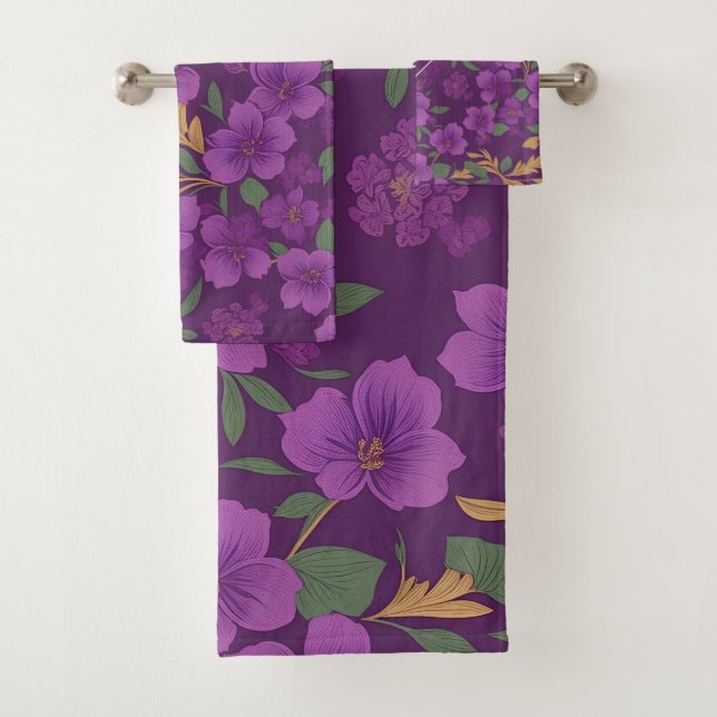 Violet Floral Colourful Personalised Pattern Bath Towel Set (Insitu)