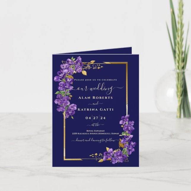 Violet Floral Gold Frame Elegant Folded Invitation (Front)