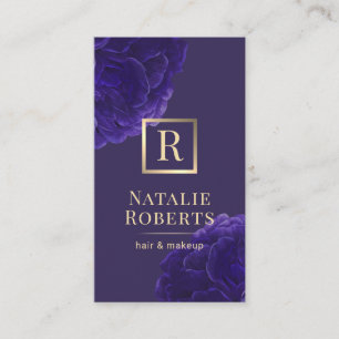 Violet Floral Gold Logo Hair Stylist Makeup Artist Business Card