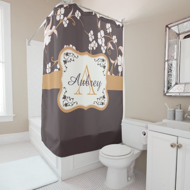 Violet Floral Monogram Shower Curtain (In Situ)