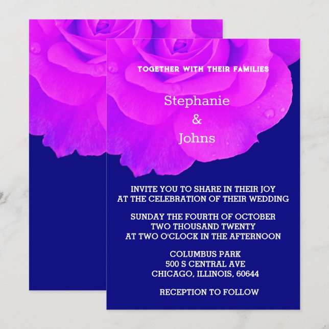 Violet Floral Purple Pink Rose Navy Blue Wedding Invitation (Front/Back)
