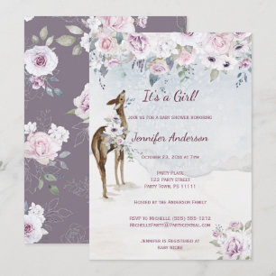 Violet Floral Rose Deer Girl Baby Shower Invitation
