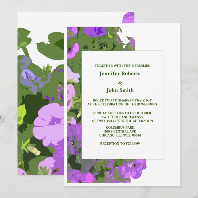 Violet Floral Sage Green White Elegant Wedding Invitation (Front/Back)
