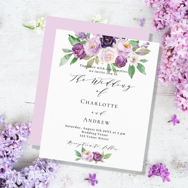 Violet floral watercolor budget wedding invitation (Creator Uploaded)