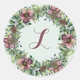 Violet Floral Wreath - Monogram Classic Round Sticker