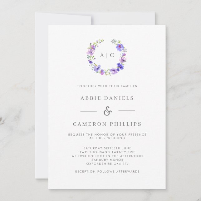 Violet Floral Wreath Monogram Wedding Invitation (Front)