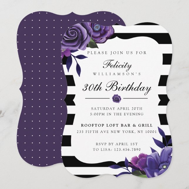 Violet Florals & Black Stripes Birthday Invitation (Front/Back)
