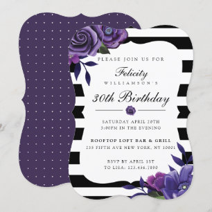 Violet Florals & Black Stripes Birthday Invitation