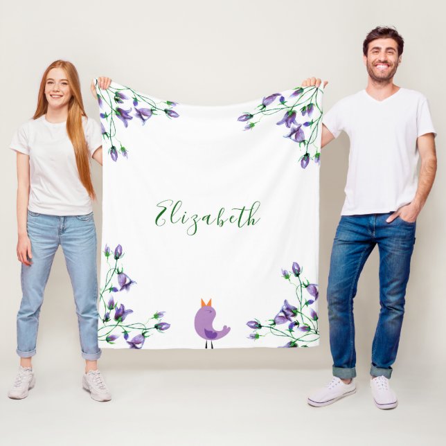 Violet florals bluebells white name fleece blanket (In Situ)