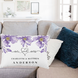 Violet florals white mr mrs names decorative cushion
