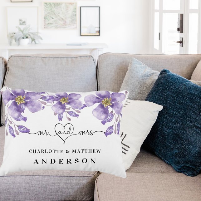Violet florals white mr mrs names decorative cushion (Creator Uploaded)