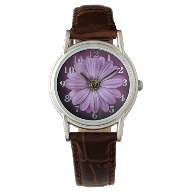 Violet flower Black Vintage Leather Watch (Front)