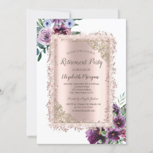 Violet Flower Glitter Frame,Rose Gold Retirement Invitation