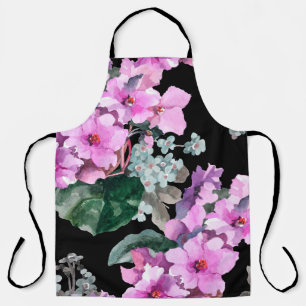 Violet flowers and forget me not watercolor on bla apron