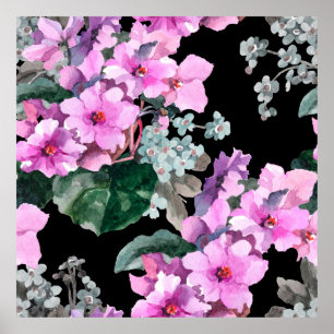 Violet flowers and forget me not watercolor on bla poster