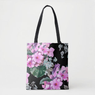 Violet flowers and forget me not watercolor on bla tote bag