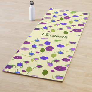 Violet flowers and leaves name place Yoga Mat