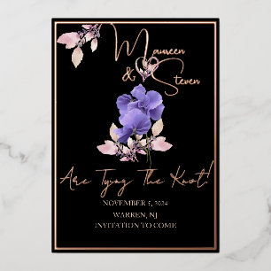 Violet Flowers Black Save The Date Foil Card