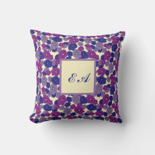 Violet flowers blue purple repeat pattern monogram cushion