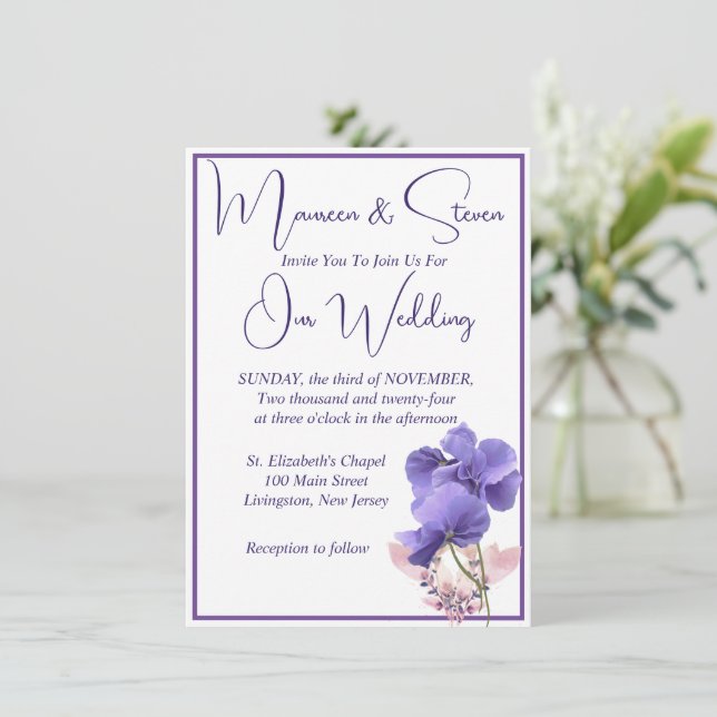 Violet Flowers Elegant White Wedding Invitation (Standing Front)