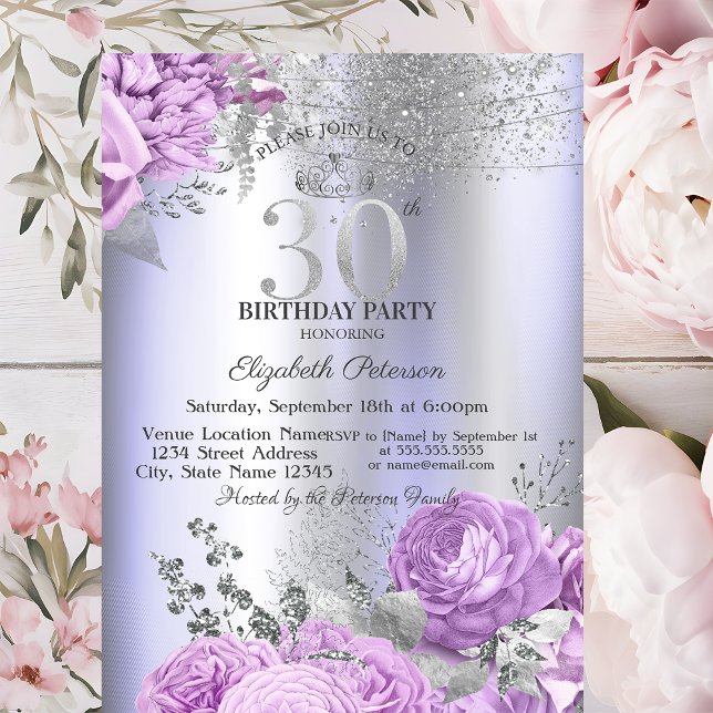 Violet Flowers Glitter Lilac 30th Birthday   Invitation (Creator Uploaded)