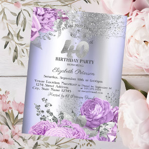 Violet Flowers Glitter Lilac 40th Birthday   Invitation