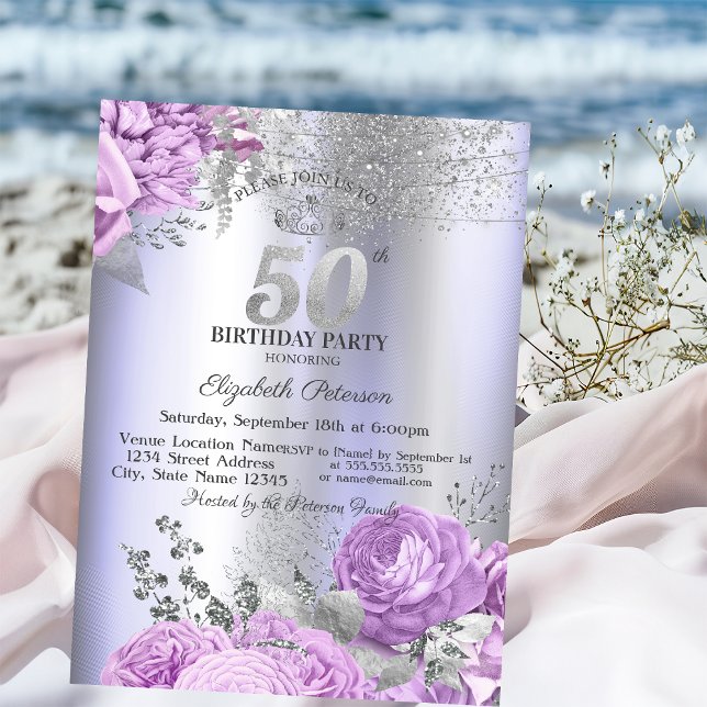Violet Flowers Glitter Lilac 50th Birthday   Invitation (Creator Uploaded)