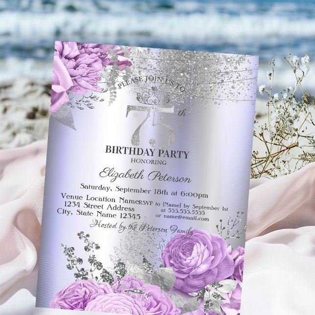 Violet Flowers Glitter Lilac 75th Birthday   Invitation (Creator Uploaded)