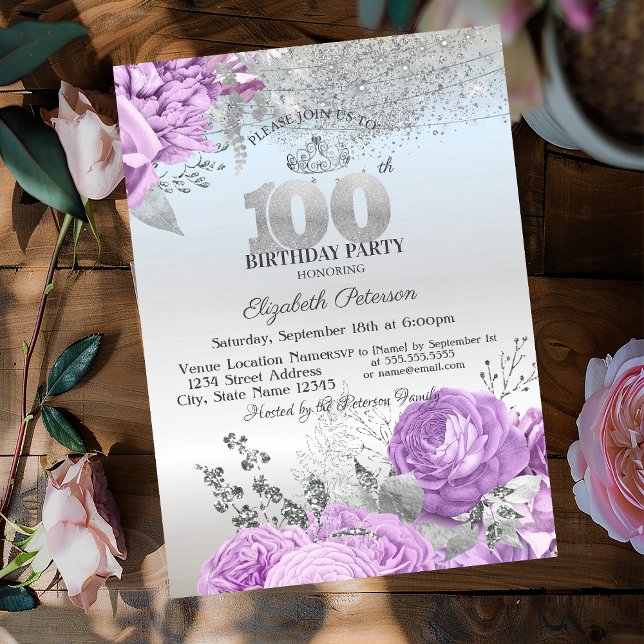 Violet Flowers Glitter Silver 100th Birthday   Invitation (Creator Uploaded)