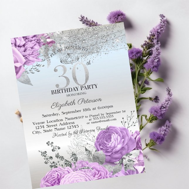 Violet Flowers Glitter Silver 30th Birthday   Invitation (Creator Uploaded)