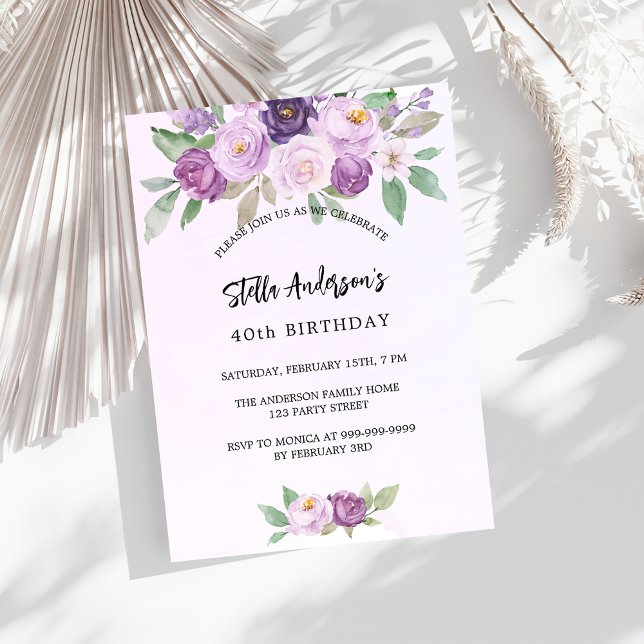 Violet flowers greenery birthday invitation postcard (Creator Uploaded)
